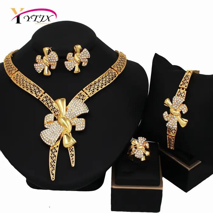 Ensemble de bijoux de mariée plaqué or 18 carats noeud papillon collier bracelet boucle d'oreille anneau pour les femmes occasions spéciales