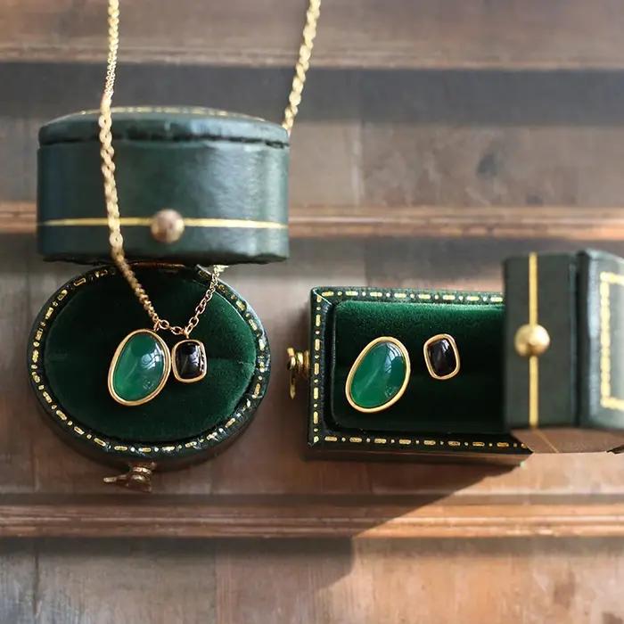 Amaiyllis 18k or vert/noir Agate forme irrégulière Double pendentif collier longue chaîne clavicule