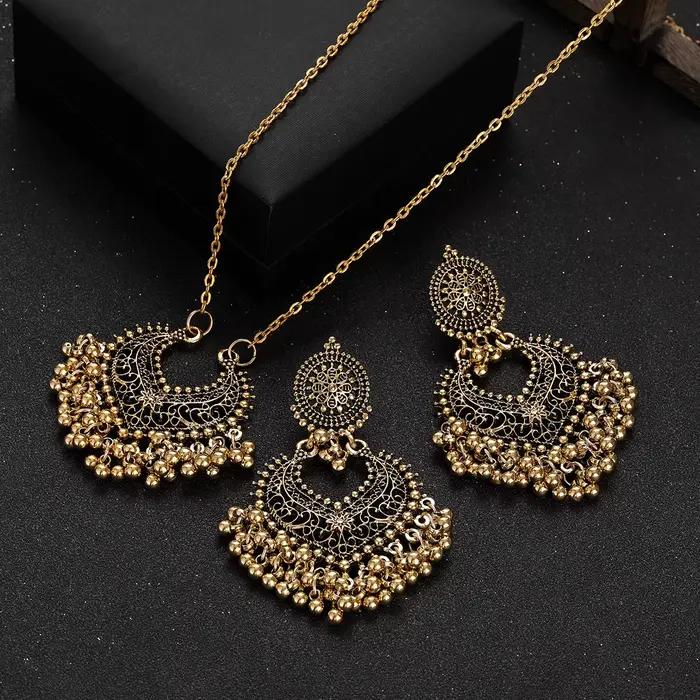 Ensemble de bijoux vintage rétro indiens perles rondes boucles doreilles pompons collier pour femmes occasions spéciales mariage anniversaire cadeau fête quotidienne