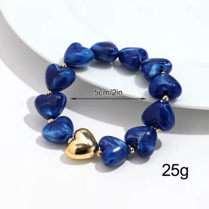 Nouveaux Bracelets Tendance Multicolores en Résine avec Cœur Perlé pour Femmes, Bracelet Élastique en Acrylique Fait Main Populaire, Bijou Tendance, Cadeau