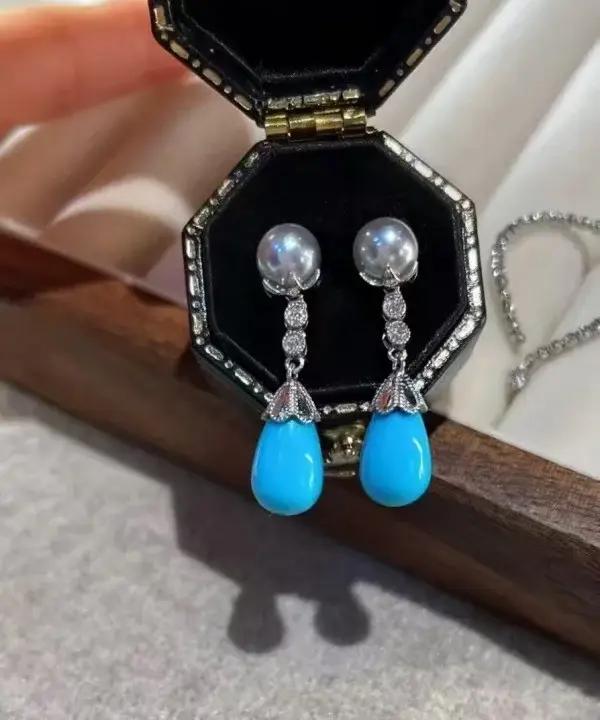 Boucles d'oreilles en argent sterling 925 et turquoise naturelle, perle akoya, art deco, bijoux vintage à offrir pour femme occasions spéciales
