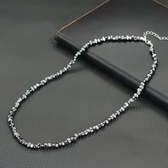 Collier de perles en hématite naturelle pour hommes, couleur argent noir, pierre irrégulière, court ras du cou de 20 pouces, méditation, cadeau pour petit ami, bijoux