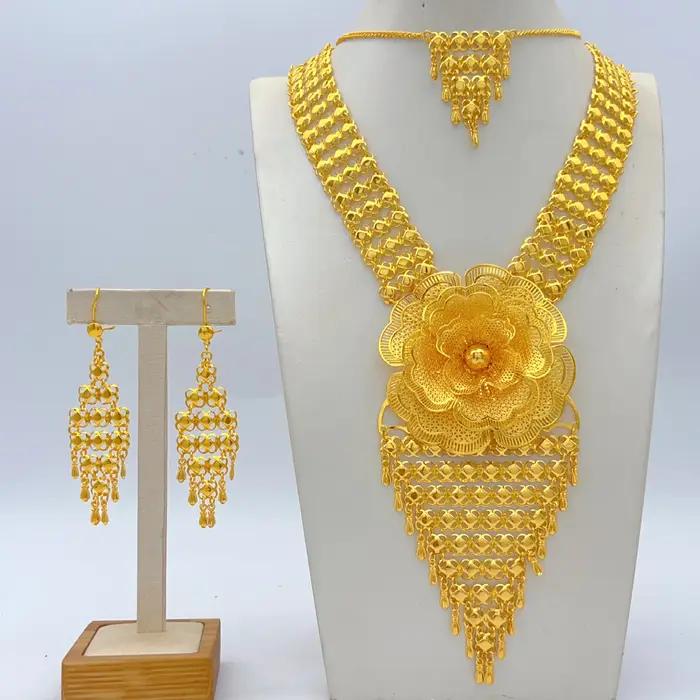 Parures de bijoux de luxe de Dubaï pour femmes, collier et boucles d'oreilles fleuris couleur or 24