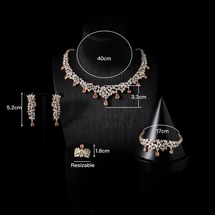 Ensemble de bijoux de luxe couleur jaune fantaisie en zircone cubique plaqué rhodium pour femmes occasions spéciales collier boucles doreilles bague bracelet