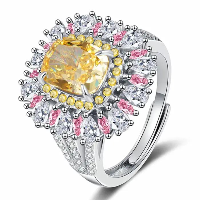 Bague en argent sterling 925 sertie de citrine et diamants à haute teneur en carbone pour femmes, alliance de mariage, bijou fin et élégant pour occasions spéciales