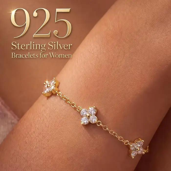 Bracelets en argent sterling 925 pour femmes, bracelet délicat, bracelet trèfle plaqué or 14 carats, bracelet chaîne imperméable pour femmes