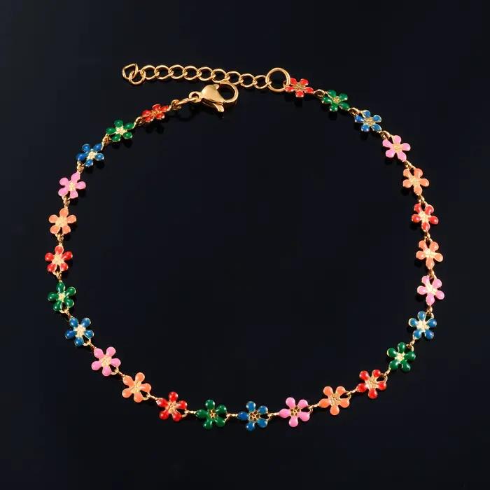 Bracelet de fleur en acier inoxydable pour femme, bohème coloré, bracelet de pied de rinçage, bracel