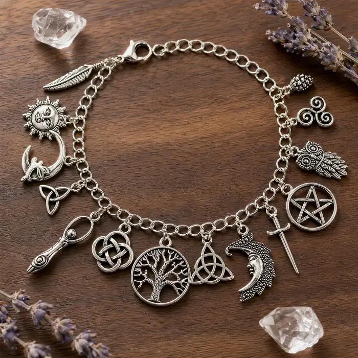 Bracelet porte-bonheur sorcière avec 7 breloques symboliques, bijoux gothiques célestes, taille ajus