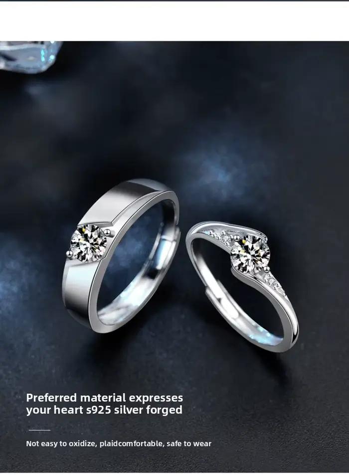 Bagues de couple en moissanite plaquées rhodium S925, 0,5 ct, bijoux exquis réglables