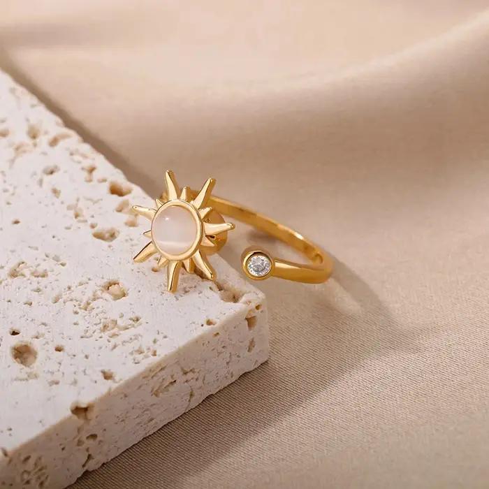Bague Anti-Stress En Acier Inoxydable Plaquée Or Avec Pierres Incrustées Zirconium Blanc Et Noir Mode Pour Femmes Occasions Spéciales