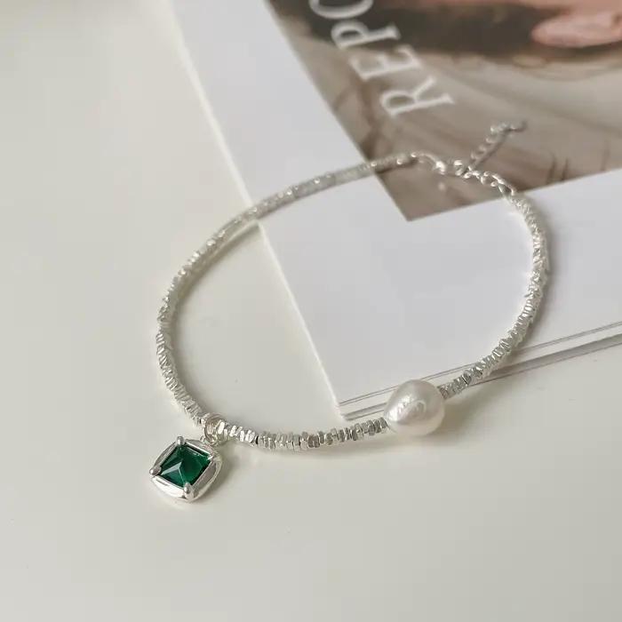 Collier de perles avec pendentif vert émeraude en argent Sterling 925 pour femmes, ras du cou, chaîn
