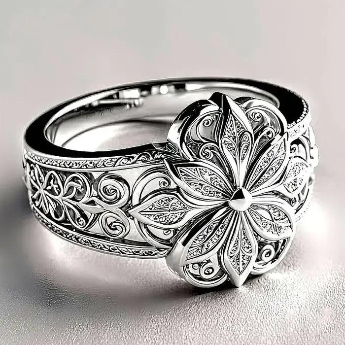 Bague de cocktail Huitan gravée de fleurs géométriques élégante pour femmes occasions spéciales partys mariages