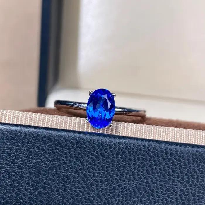 Bague en or blanc massif 18 carats saphir naturel bleu ovale pour fiançailles alliances de mariage occasions spéciales femmes