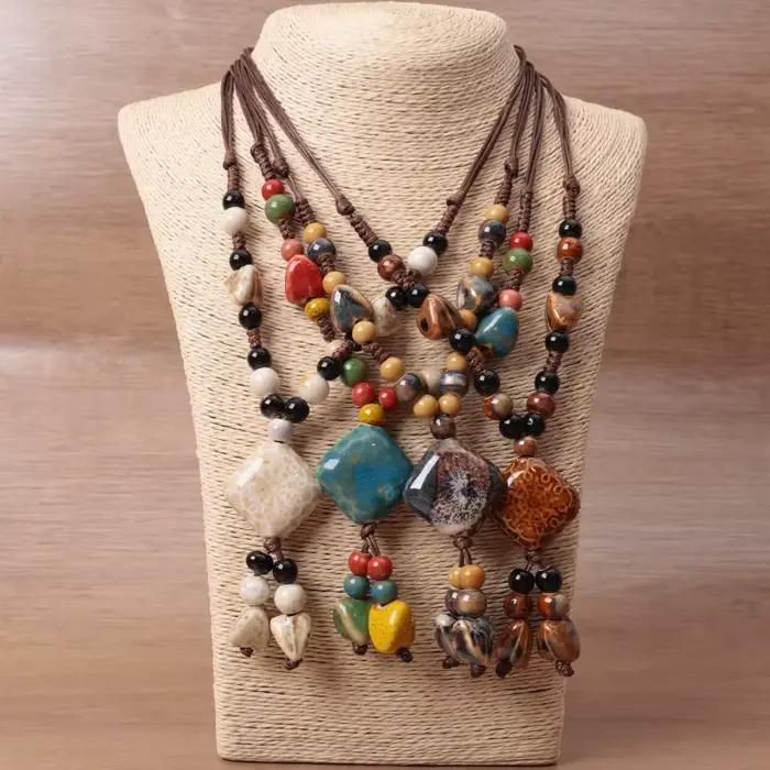 Collier en céramique artistique rétro polyvalent pour femmes, longue chaîne de pull géométrique bohème, accessoire Simple et élégant, parfait