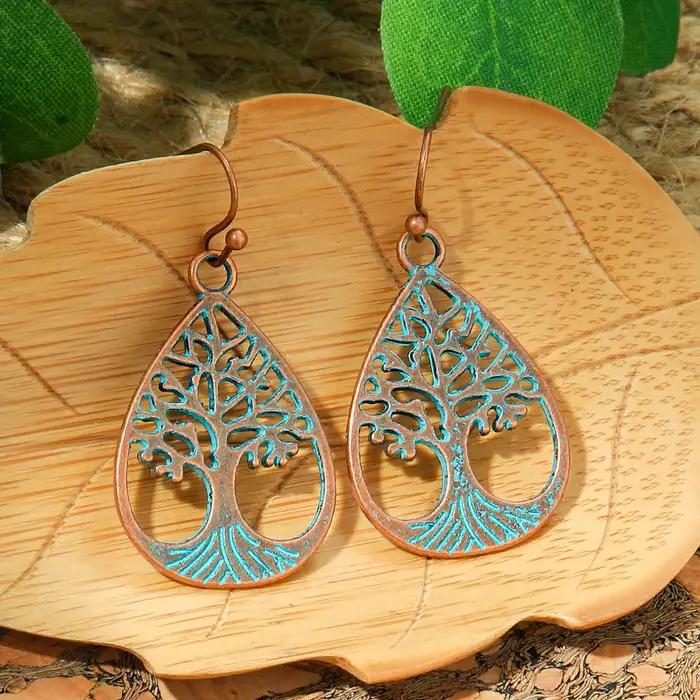 Boucles d'oreilles creuses ethniques pour femmes, boucles d'oreilles en métal bronze antique, boucles d'oreilles en forme d'arbre géométrique, boucles d'oreilles rondes, bijoux indiens, nouveau