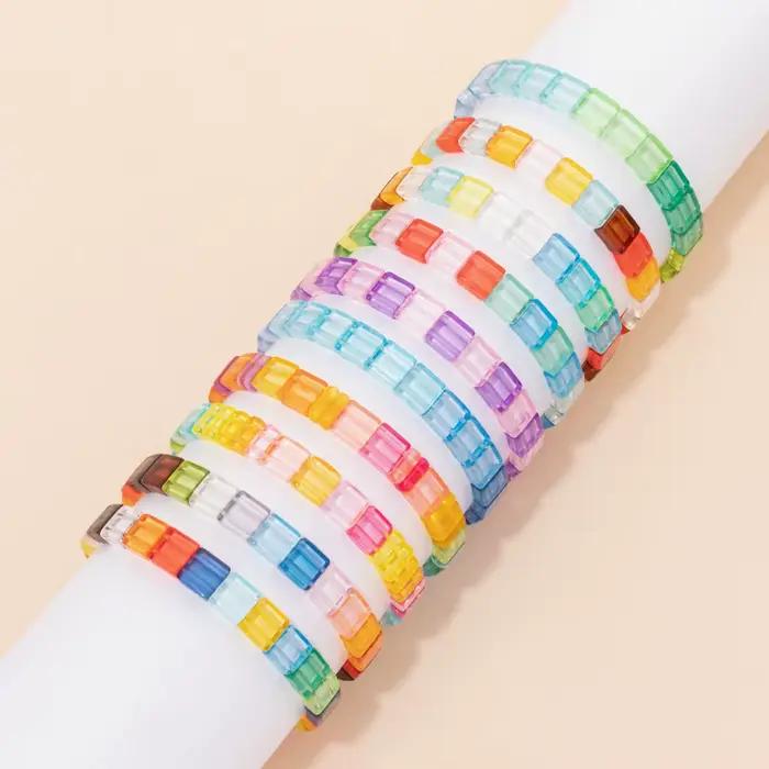 Bracelets artificiel astiques en Perles Carrées de 8mm pour Femme, Bijoux Extensibles, Style Boho, Transparents et Colorés, Nouveau Design 2023