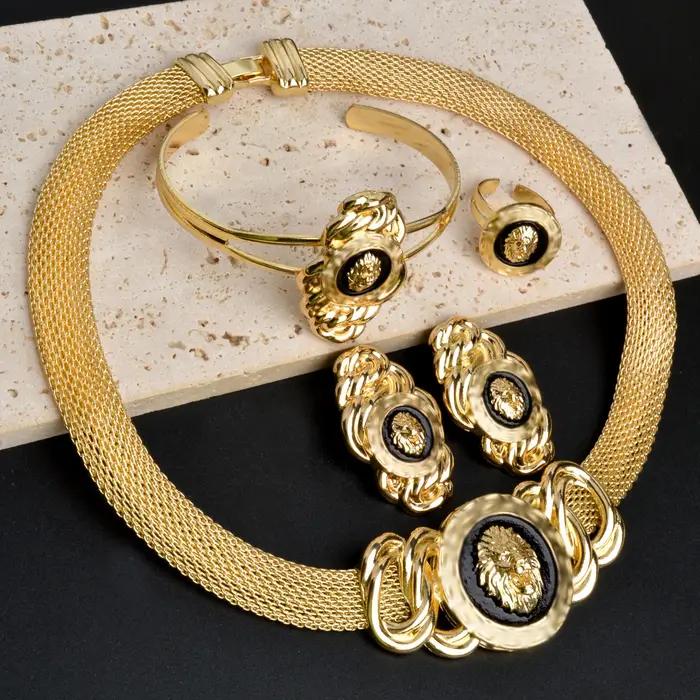 Ensemble de bijoux de luxe pour femmes, plaqué or 18 carats, collier Lion, Bracelet, bague, boucles