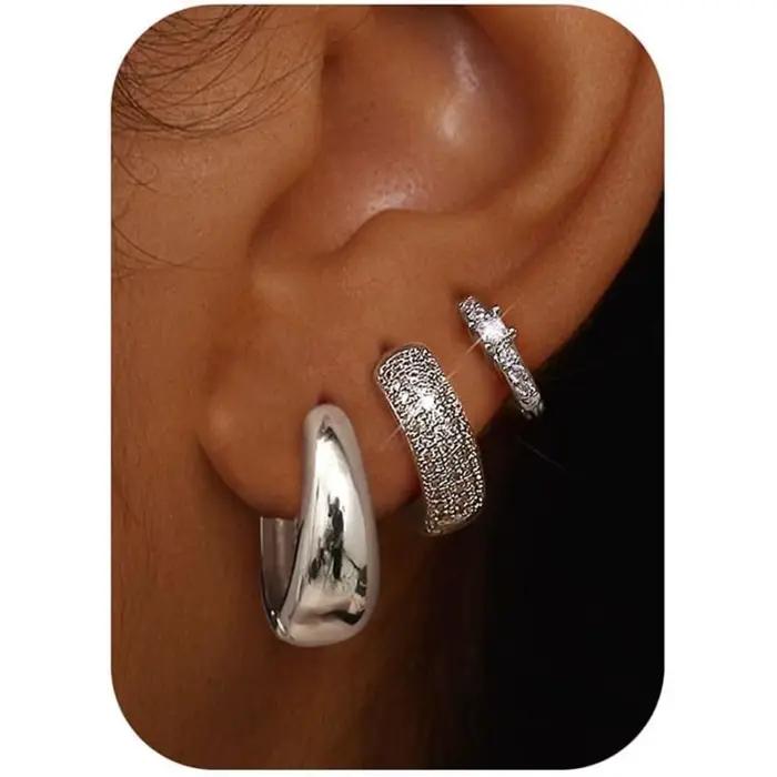 ORAZIO Boucles d'oreilles créoles plaquées or 14 carats pour femmes, ensemble de boucles d'oreilles hypoallergéniques pour oreilles sensibles, non ternissables, 3 paires
