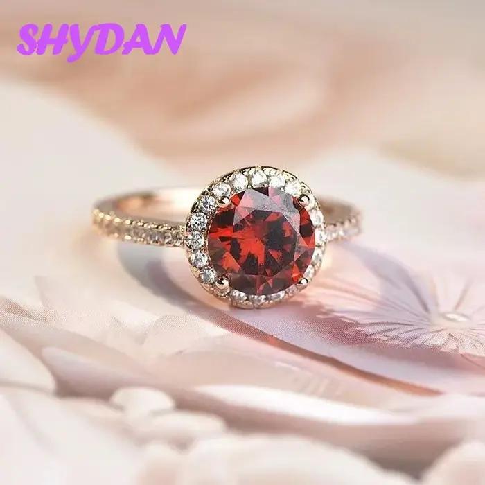 Bague SHYDAN en argent sterling 925 et or 18 carats sertie de zircon rouge grenat rond pour femmes occasions festives élégantes soirée mariage
