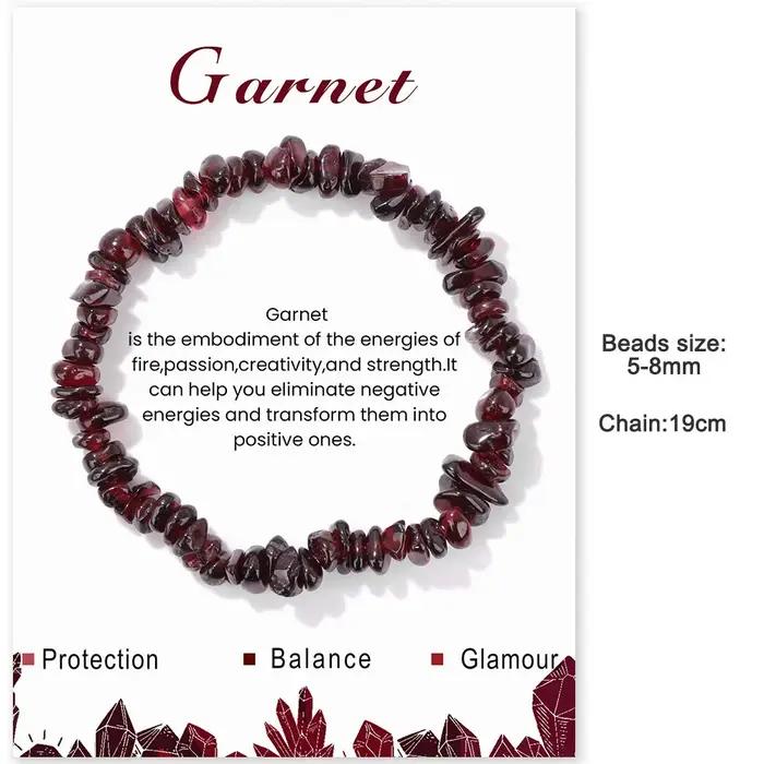 Bracelets de perles de grenat rouge naturel pour femmes et hommes, puce irrégulière, gravier, pierres de quartz rondes, avec carte, bijoux