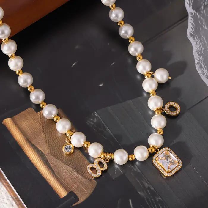 Collier et bracelet en perles de coquillage avec pendentif carré en zircon pour femmes