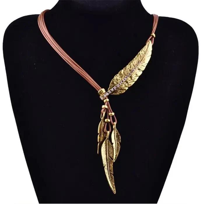 Collier Femme plume colliers et pendentifs corde en cuir Vintage Maxi Colar pour déclaration