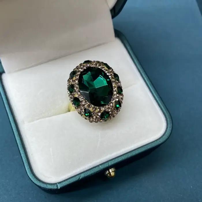 Bague en cristal vert pleine de diamants, bijoux de luxe légers de tempérament Noble, Design Vintage