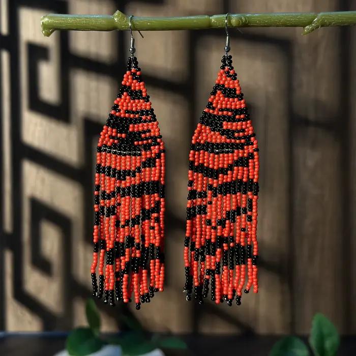 AHAYA – boucles d'oreilles bohème officielles à pampilles, perles de rocaille, perles de verre, imprimé léopard en peau de tigre tissé à la main, bijoux quotidiens pour femmes