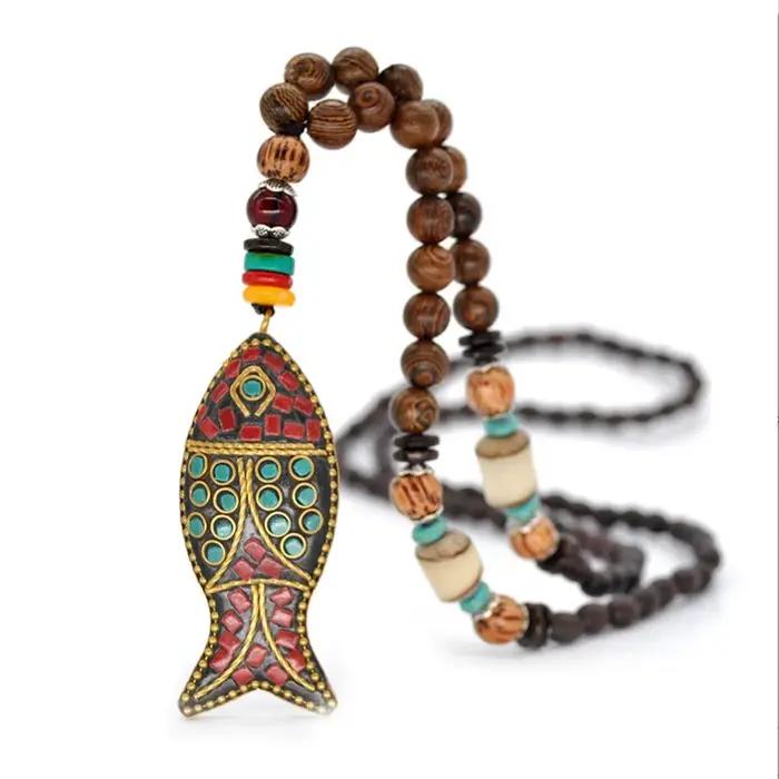 Collier Long Vintage en Perles de Bois Turquoise