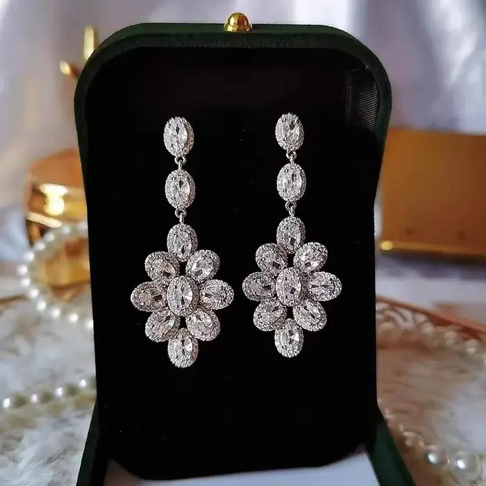 Breloque fleur diamant boucle d'oreille 925 en argent sterling boucles d'oreilles de mariage pour les femmes promesse de mariée bijoux de fête de fiançailles