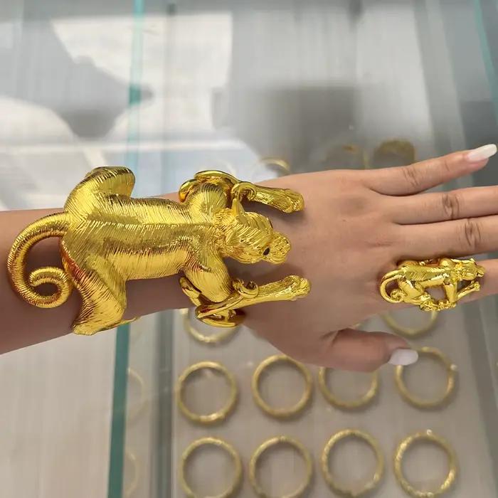Bracelet léopard exagéré avec bague, ensemble de bijoux pour femmes, manchette de couleur or de dubaï, bague de Cocktail, ensemble de 2 pièces pour cadeaux de mariage