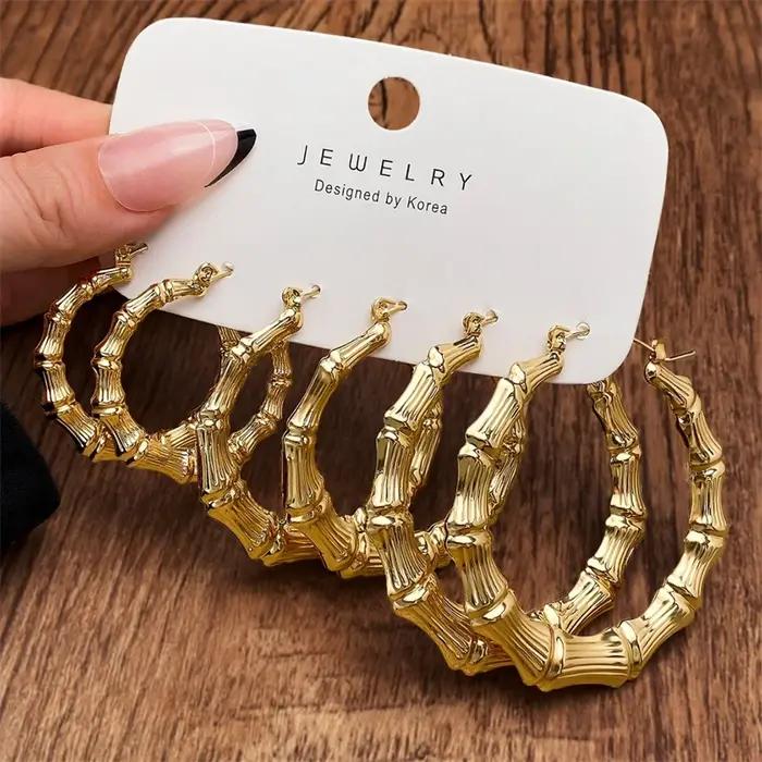 Lot de 3 paires de boucles d'oreilles créoles géométriques grandes et rondes pour femme, couleur or,