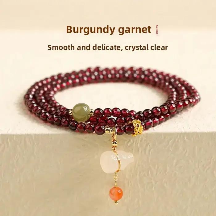 Bracelet Triple Empilé en Grenat Rouge Vin Haute Gamme Cadeau Luxe Femmes Occasions Spéciales