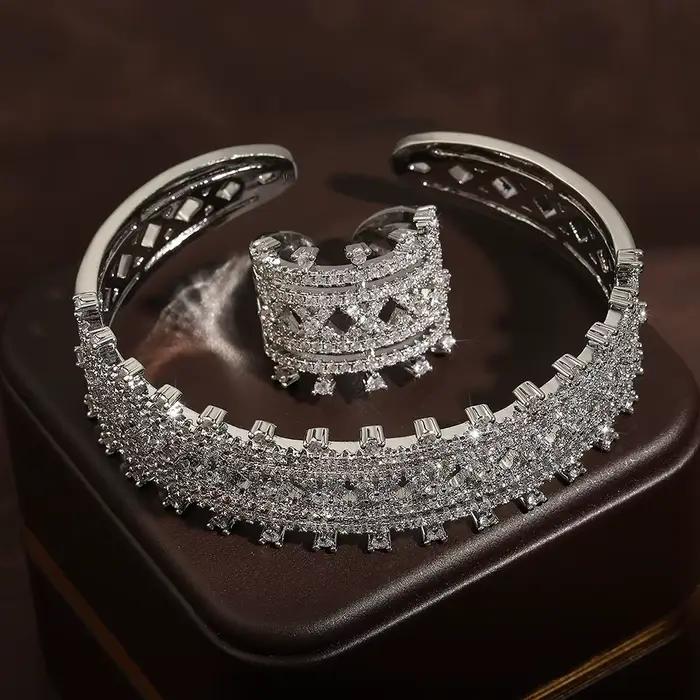 ZAKOL luxe brillant AAA Zircon Bracelet bague ensemble pour les femmes réglable ouvert Bracelet ensembles de bijoux de mariage accessoires de fête