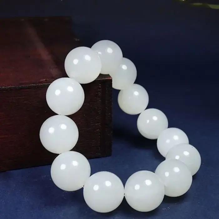 Bracelet en jade blanc naturel pour hommes et femmes bijou de guérison cadeau occasion spéciale style décontracté perles de jade Hetian pierre néphrite élastique