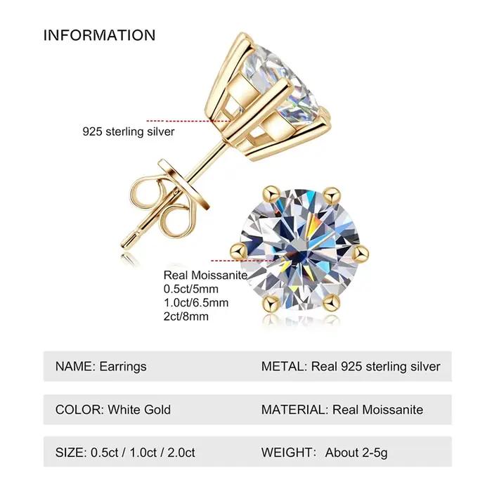0.5-2ct Moissanite Diamant Boucles D'oreilles 18K Or Jaune Plaqué 925 Boucles D'oreilles De Mariage