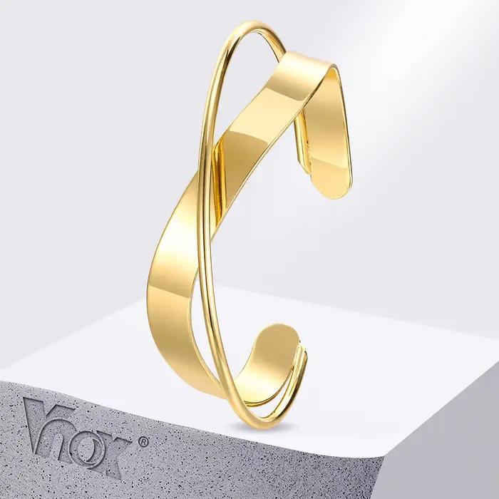 Vnox-Bracelets de manchette élégants pour femmes, gros bracelets ouverts en métal plaqué or, bracelet de manchette large poli