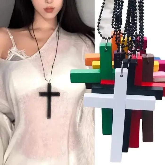 Collier Punk gothique avec pendentifs croix en bois, ras du cou, blanc et noir, Hip Hop, chaîne de pull, cadeaux, Y2k