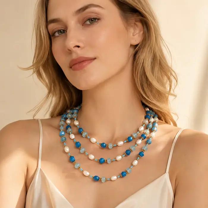 Colliers faits à la main avec perles d'eau douce, perles de pierre bleues facettées, collier pour femmes, plaqué or 18 carats, acier inoxydable