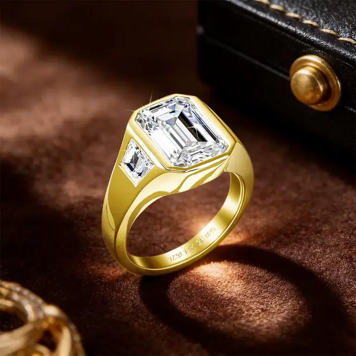Bague signet en moissanite taille émeraude 7*9mm 3ct couleur D VVS1 en or rempli 14K Au585 pour homme et femme