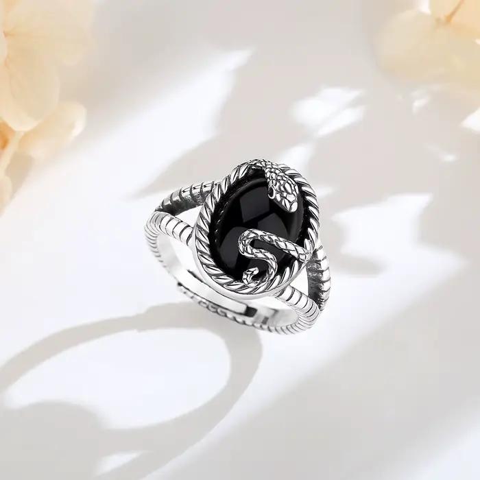 AEONSLOVE 925 bague serpent réglable en argent Sterling bague en obsidienne ovale Vintage bijoux païens cadeaux personnalisés pour hommes femmes