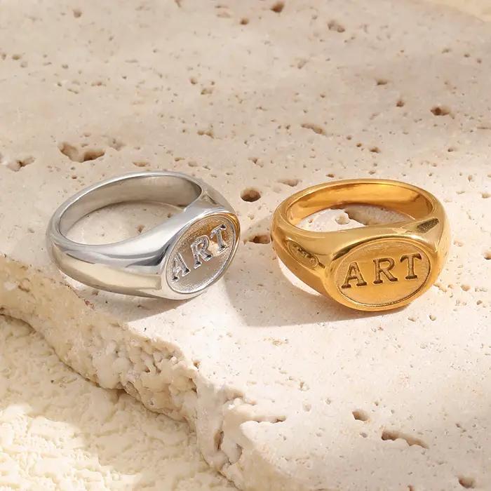 Bague Signet en Acier Inoxydable Plaquée Or 18K pour Femmes et Hommes Occasions Spéciales Minimaliste Unique