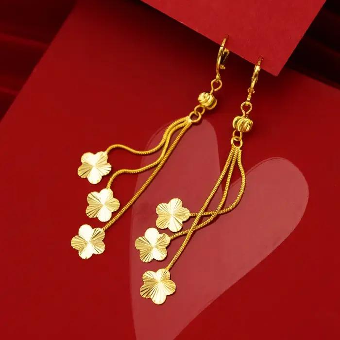 Boucles d'oreilles pendantes en or jaune 18 carats authentiques avec design fleurs pour femme bijoux de haute joaillerie pour offrir