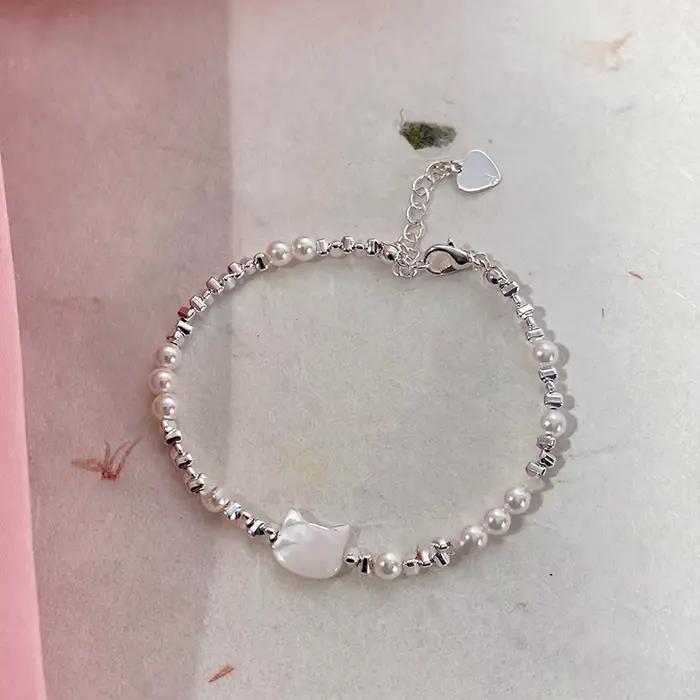 Bracelet en argent regardé 925 pour femme, chat, chaton, perles mignonnes, punk, géométrique, mode f