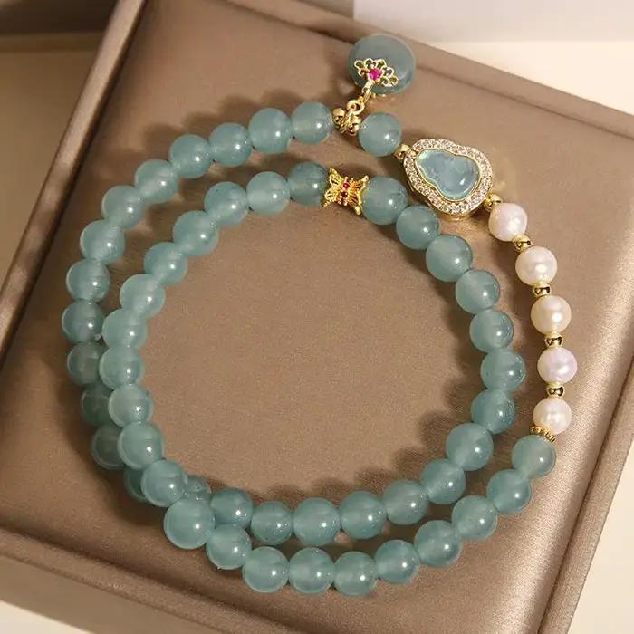 Bracelet double couche en perles de jade bleu clair
