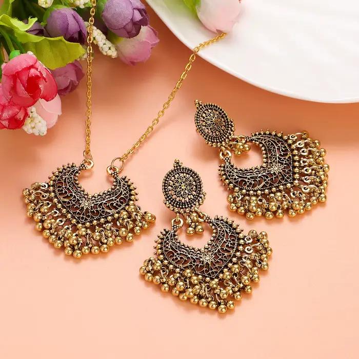 Ensemble de bijoux vintage rétro indiens perles rondes boucles doreilles pompons collier pour femmes occasions spéciales mariage anniversaire cadeau fête quotidienne