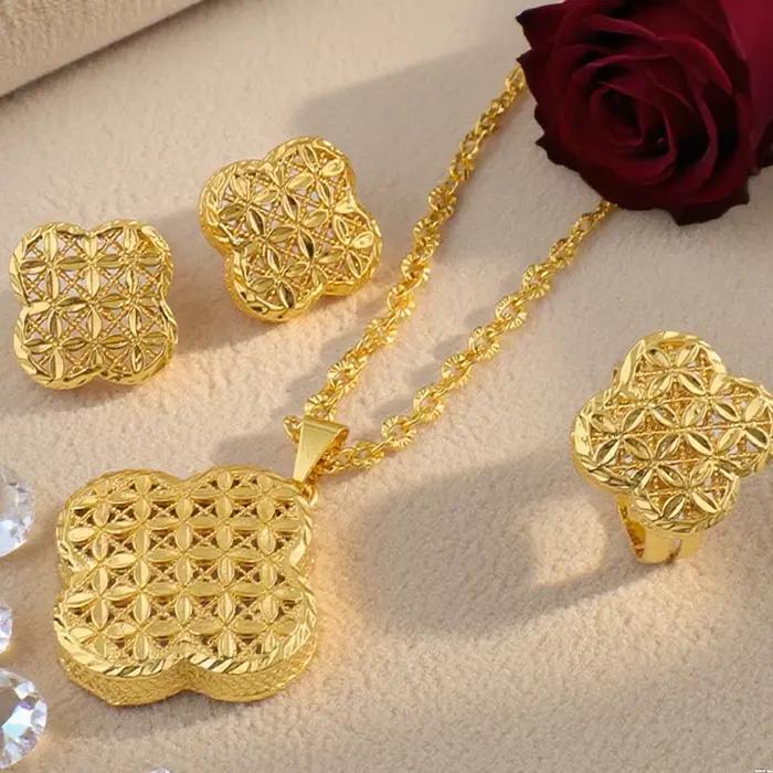 Dubaï plaqué or boucles d'oreilles collier bracelet bague ensembles pour femmes inde luxe fleur forme