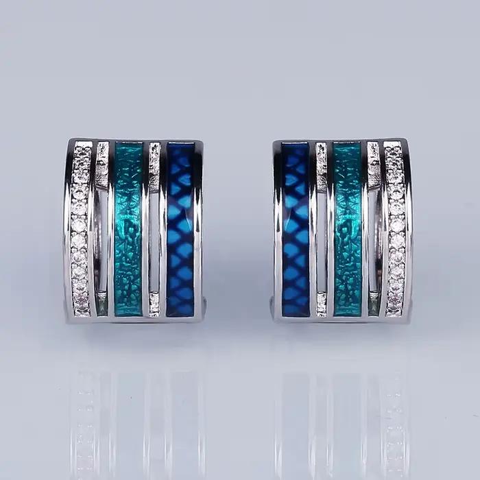 Boucles d'Oreilles Géométriques à Trois Rangées pour Femme, Plaqué Argent 925, Émail Coloré Chic, Bi