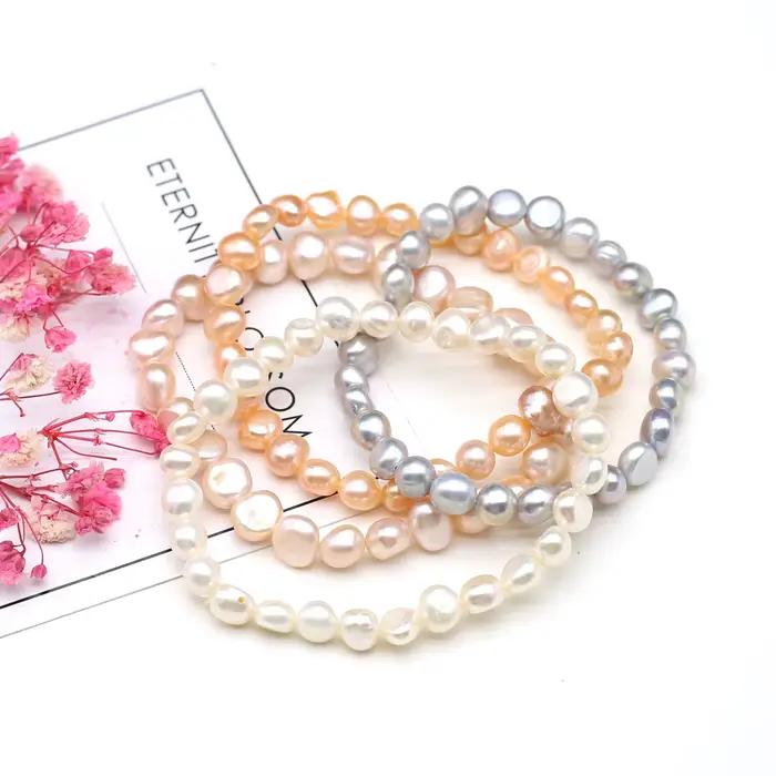 Bracelet de perles 100% naturelles, breloques, corde élastique, vraies perles, pour petite amie, taille 8-9mm