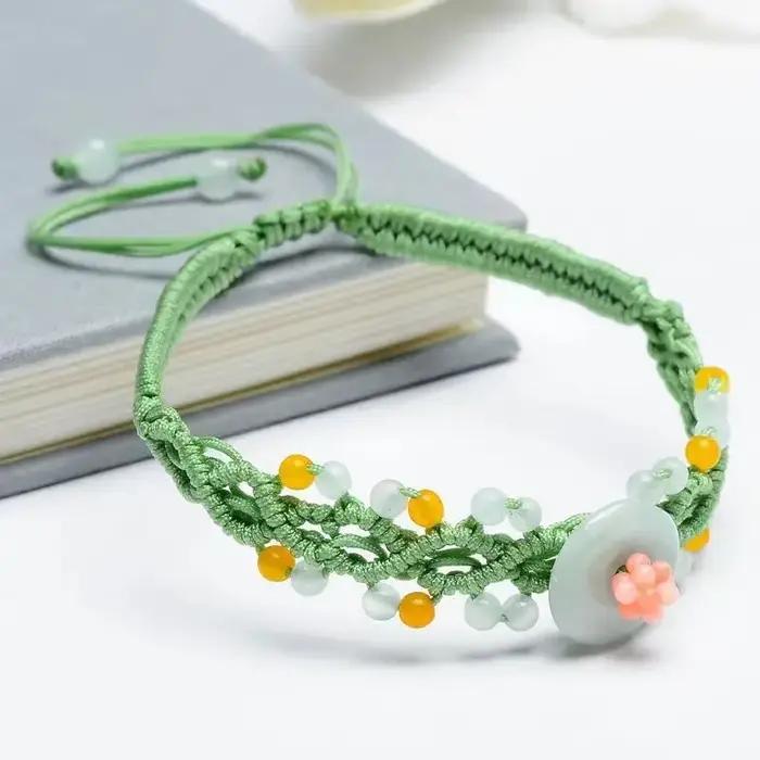Bracelet Tressé Fait Main Femme Style Chinois Tendance 2026 Perles Cristal Boucle Paix Jade Birman Naturel Occasions Spéciales